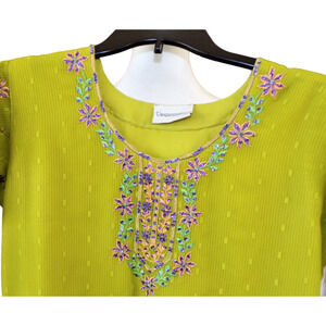 Embroidered Sequined Flowers Detail Chartreuse Green Dress S/M Uniquessentials